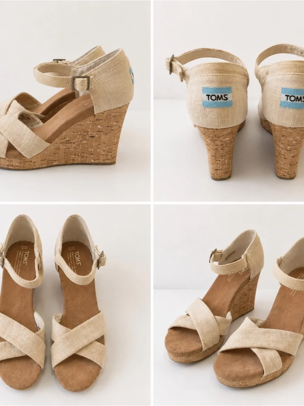 Toms Beige Linen Crisscross Cork Wedge Sandals Size 11W